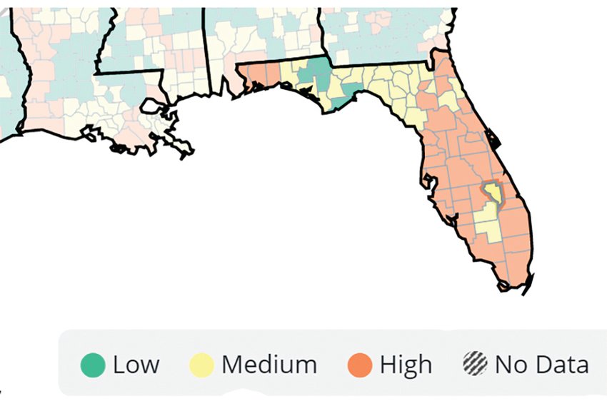 The Centers for Disease Control map shows areas in low, medium and high risk for COVID-19.